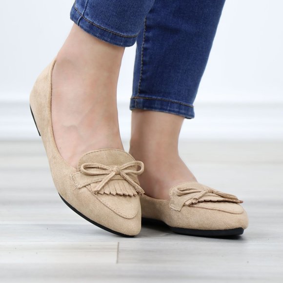 Shoes - Tan Faux Suede Pointed Toe No Heel Flat Loafers Shoe Bow Tassel Decor Slip On